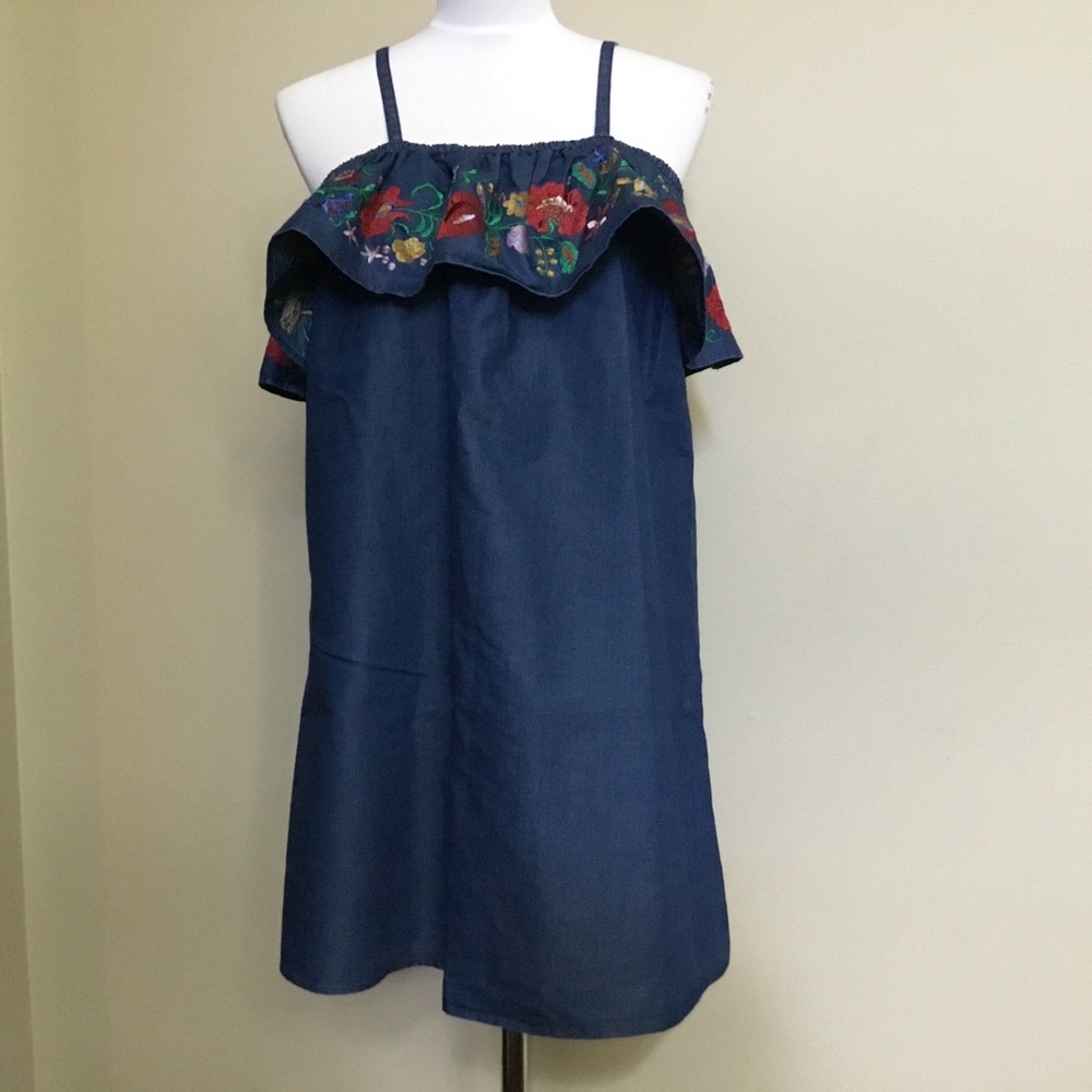 NWT POOF! denim embroidered peasant off shoulder dress L